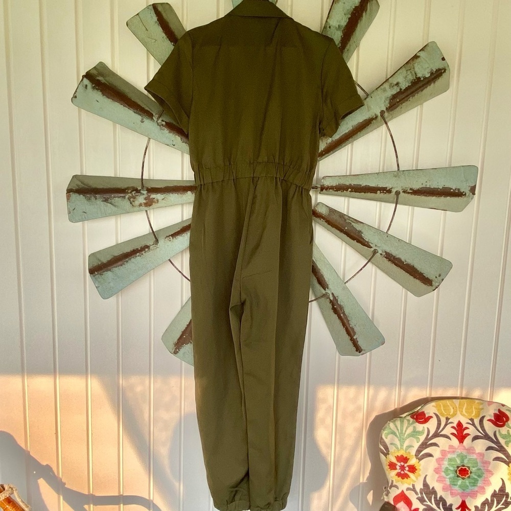 Short Sleeve Utility Jumpsuit Green Size Large Wide Leg- Eilly Bazar- Zipper - Picture 5 of 10